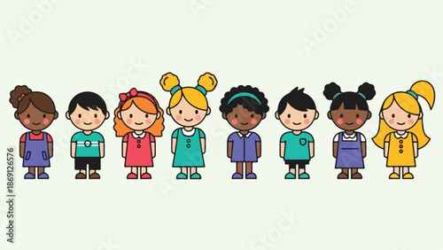 Diverse Group of Eight Happy Cartoon Children Vector Illustration