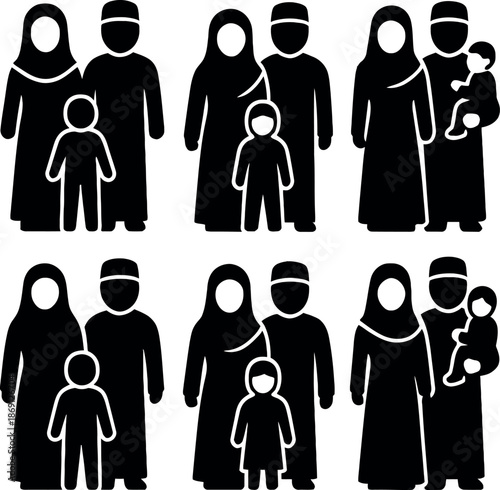 Happy Muslim Family Silhouettes with Children for Ramadan and Eid
