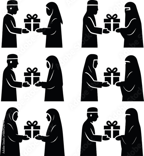 Muslim People Giving Gifts Silhouette for Eid and Ramadan Celebration