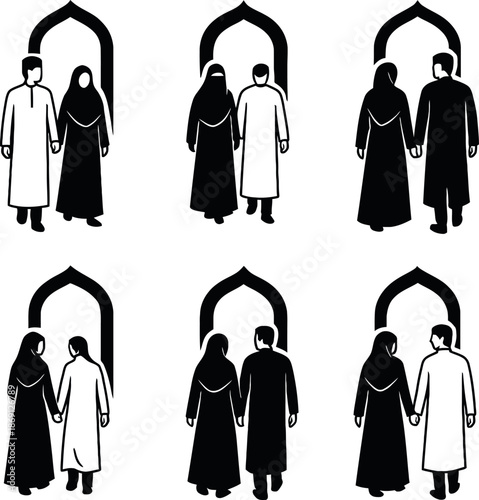 Silhouette of Muslim Couple Standing Under Mosque Archway Entrance