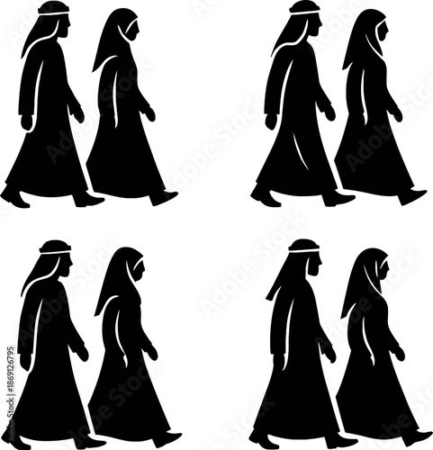 Muslim Couple Walking Together Silhouette in Traditional Clothing