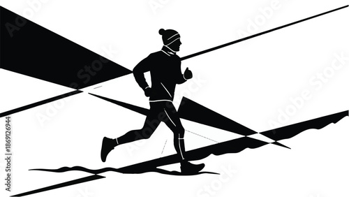 Determined runner in silhouette moving through abstract geometric shapes
