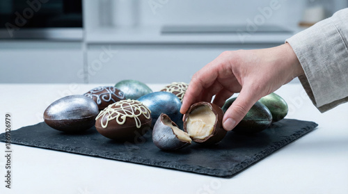 Delicious Easter Chocolate Eggs with Creamy Filling on a Modern Kitchen Countertop, Hand Reaching for a Broken Treat