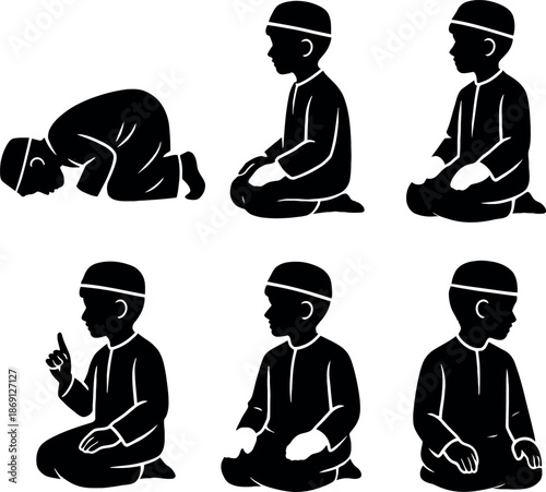 Islamic Man Prostrating and Sitting Prayer Silhouette Set