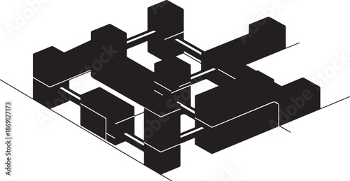 Black 3D isometric cube structure on white background