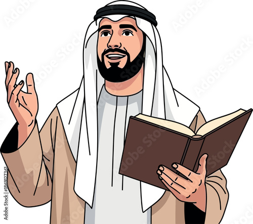 Friendly Muslim Man Holding Holy Book in Traditional Clothing