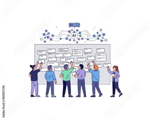 Diverse business team brainstorming with AI projector. Machine learning algorithm organizing data on agile whiteboard. Workshop, strategy planning & neural network concept. Flat vector illustration.