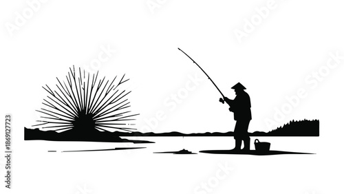 Silhouette of a solitary fisherman casting a line into calm water at sunrise