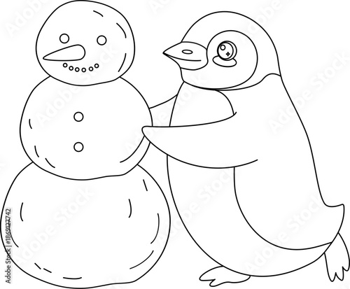 Cute Cartoon Penguin Building a Snowman Outline Coloring Page
