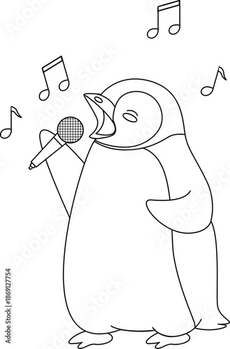 Cute Cartoon Penguin Singing with Microphone Outline Coloring Page