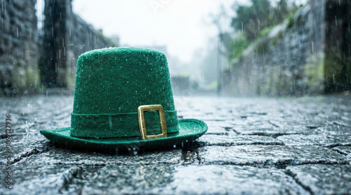 St. Patrick’s Day leprechaun hat in the rain on a cobblestone street, symbolizing Irish tradition and celebration amidst a moody, atmospheric downpour.