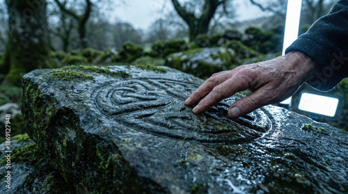 St. Patrick's Day: Hand Touching Ancient Celtic Knot Stone in a Mystical Irish Landscape
