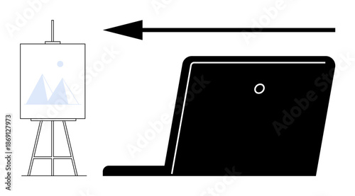 Digital transformation. A laptop and easel artwork visually show digital and creative integration. Digital transformation bridging technology and art innovation. For education, design, business, tech