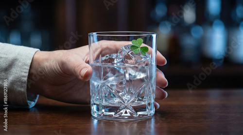 St. Patrick's Day Refreshment: Hand Holding a Glass with Ice, Water, and a Lucky Shamrock on a Bar Counter