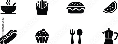 Set of flat black food icons including burger, french fries, hot dog, cupcake, soup, and coffee