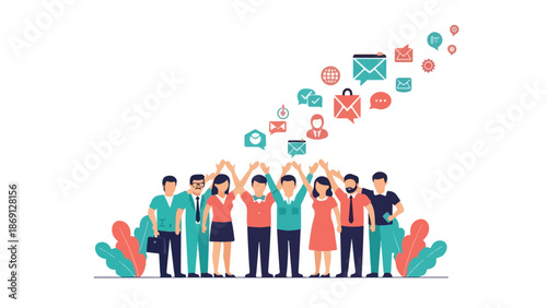 Diverse Business Team Collaboration with Communication Icons Vector Illustration