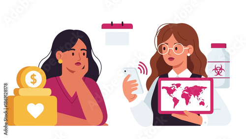 Woman consulting female doctor with world map on tablet and smartphone vector illustration