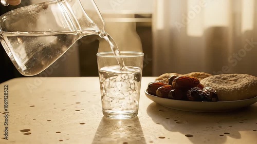 Pouring water at iftar table with dates, warm sunset window light