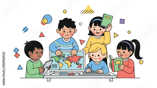 Diverse Group of Elementary School Children Learning Geography with World Map on Laptop Vector Illustration
