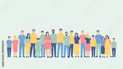 Diverse Group of Flat Vector People Standing Together on Light Green Background
