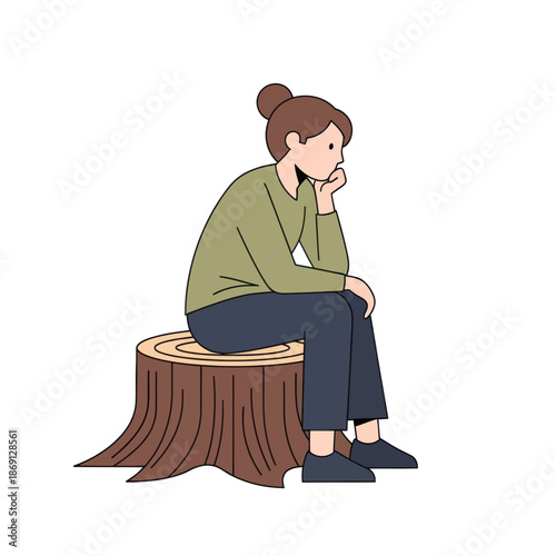 Woman sitting on tree stump, contemplating, thoughtful, isolated illustration