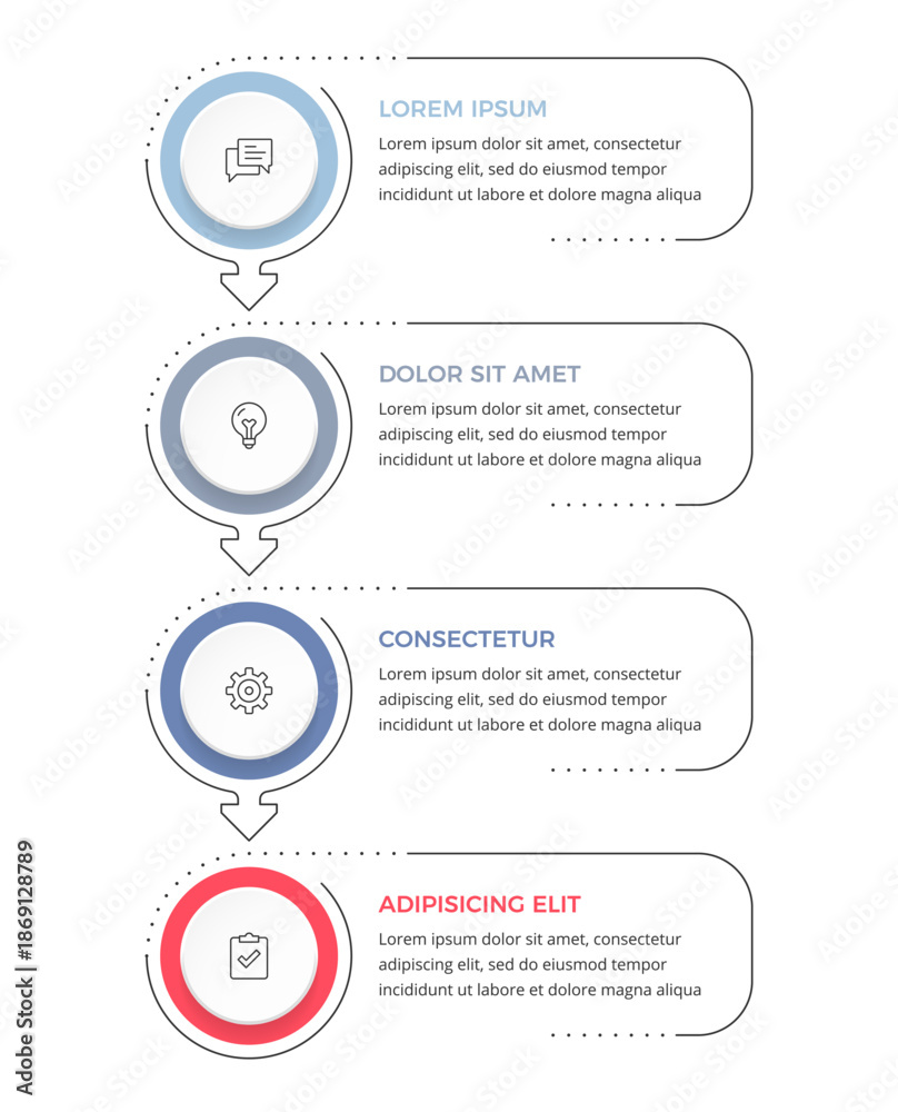 Fototapeta premium Vertical four step process infographic with circular elements connected by arrows, showing a sequential process or workflow