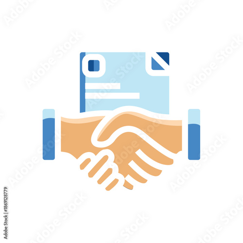 A colorful illustration depicting a handshake over a document, symbolizing business agreement, partnership, or contract signing.