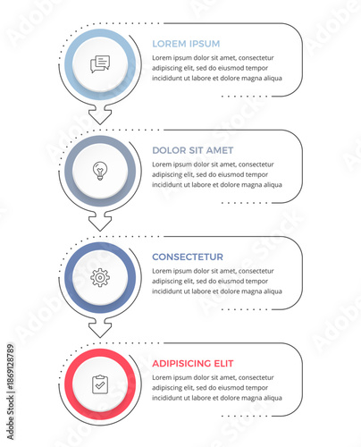 Vertical four step process infographic with circular elements connected by arrows, showing a sequential process or workflow