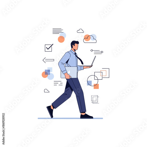 Businessman walking with laptop, business concept, modern illustration, multitasking, workflow