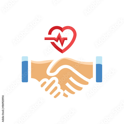Vibrant clip art showing a successful handshake and health partnership. It symbolizes trust, agreement, and collaboration for mutual benefit