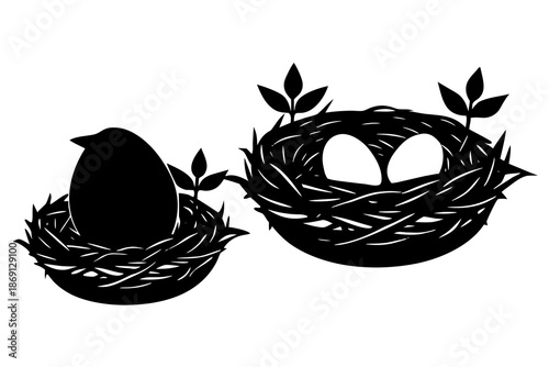 Nest and Eggs Silhouette Vector Design, Spring Season Animal Life Concept Isolated on White Background