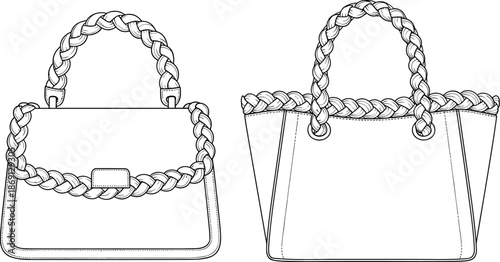 Handbag blueprint, braided handle, flap closure, tote design, stitching detail, fashion accessory sketch, technical drawing, flat vector illustration
