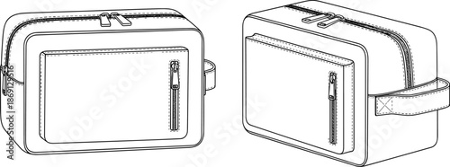 Toiletry bag blueprint, travel pouch, zippered compartments, side handle, stitching detail, front pocket, technical drawing, flat vector illustration