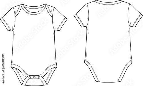 Baby onesie blueprint, front view, back view, short sleeves, snap closure, stitching detail, fashion sketch, technical drawing, flat vector illustration