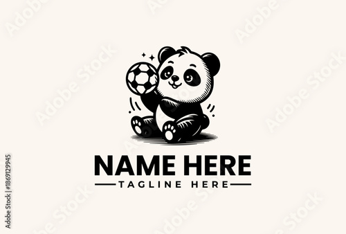 A black and white illustration of a panda bear holding a soccer ball with motion lines, sitting on a plain background, with a logo template text 'NAME HERE' and 'TAGLINE HERE' in a simple,