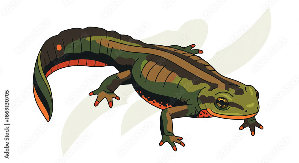 Fototapeta premium Vibrant green salamander with orange accents on white background