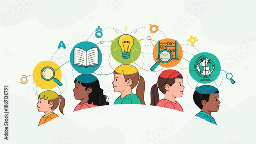 Diverse Children's Heads with Educational Learning Icons Connected by Dashed Lines