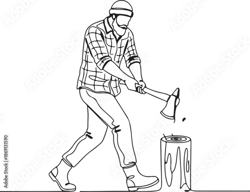 Continuous line drawing of a bearded lumberjack or woodcutter chopping a log with an axe, representing traditional craftsmanship and physical labor