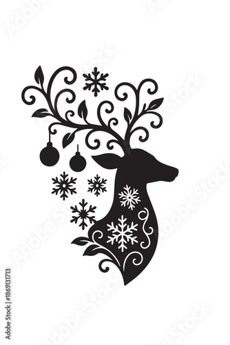 Decorative antler reindeer silhouette is perfect for festive holiday-themed designs.