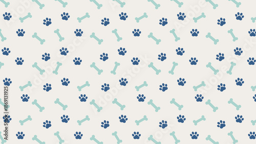 Seamless pattern with cute blue paw prints and dog bones on a light background. Minimalist pet vector illustration for wallpaper, fabric, or animal-themed branding