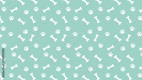 Seamless pattern with white dog paw prints and bones on a mint green background. Cute animal footprint vector illustration for pet shop branding, nursery wallpaper, and fabric textile design