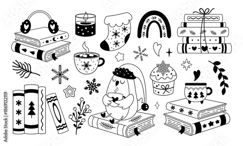 Winter books clipart set in black color, Trendy bookish doodle, Book lover stickers outline, Cartoon bookstore graphics, Cozy reading vector illustration.