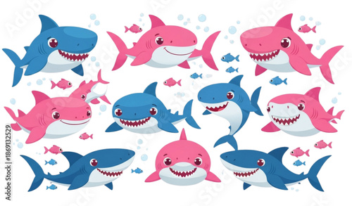 Cute funny cartoon shark family vector set with baby fish isolated on transparent background
