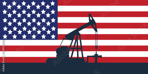Oil rig pumpjack background. American petroleum industry. united states of america flag. Crude oil
