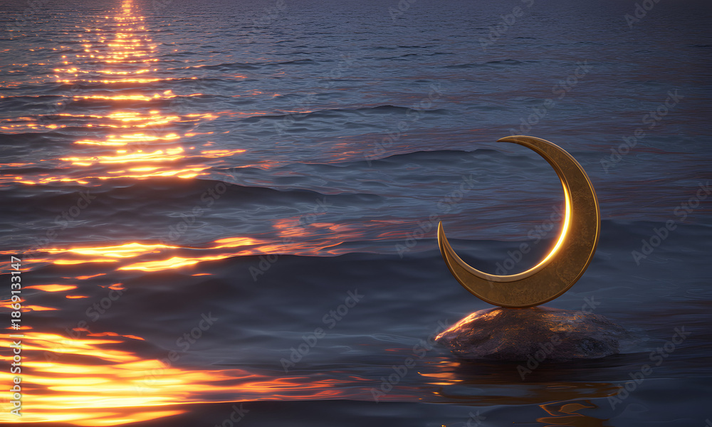 Obraz premium Golden crescent moon sculpture on rock in serene ocean water at sunset