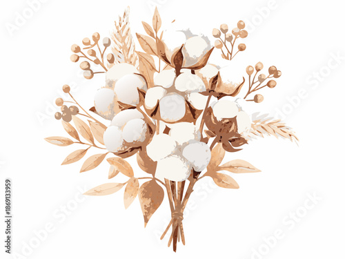 Watercolor illustration of a bouquet featuring cotton bolls and dried foliage