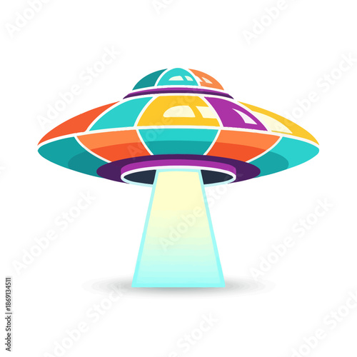 Colorful Retro UFO Spaceship with Light Beam