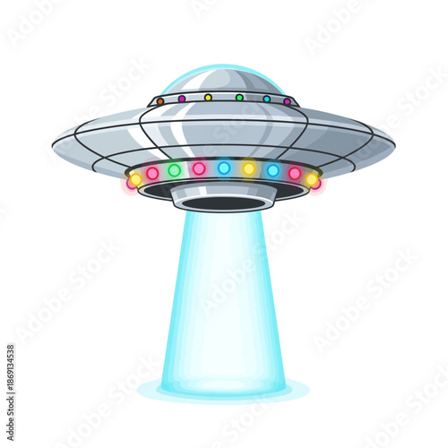 Retro Flying Saucer UFO with Blue Beam Light Isolated on White Background