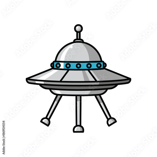 Retro flying saucer cartoon illustration, alien spaceship with landing gear, science fiction theme