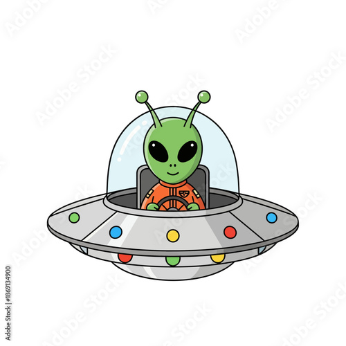 Cute cartoon alien driving a flying saucer spaceship, space travel concept